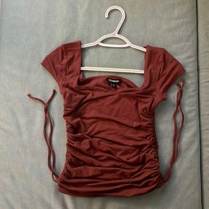 Express Women’s Brown Square Neck Side Tie Ruched Tee